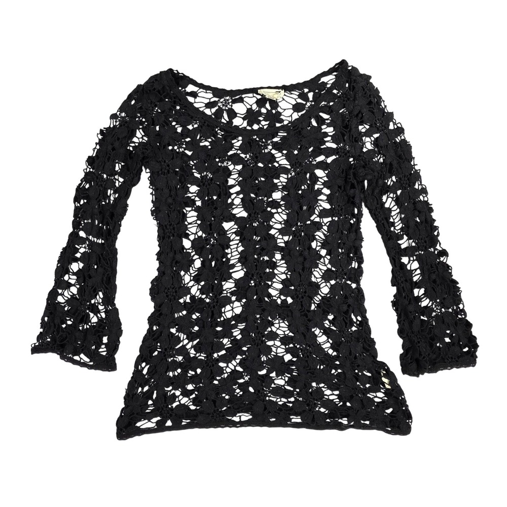 LA Hearts Black Crochet Lace Long Bell Sleeve Top Floral Open Knit Boho Medium